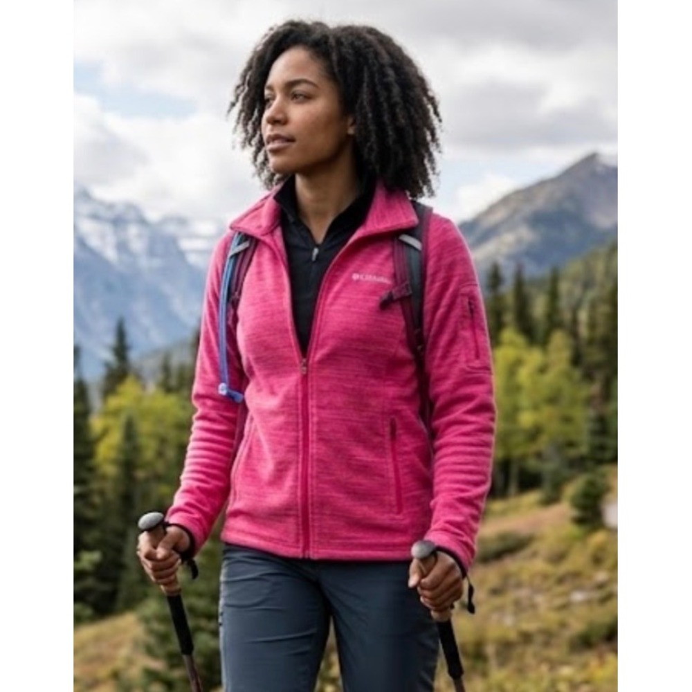 Columbia Womens XL Pink Space Dye Fleece Full Zip Jacket Mock Neck Outdoor